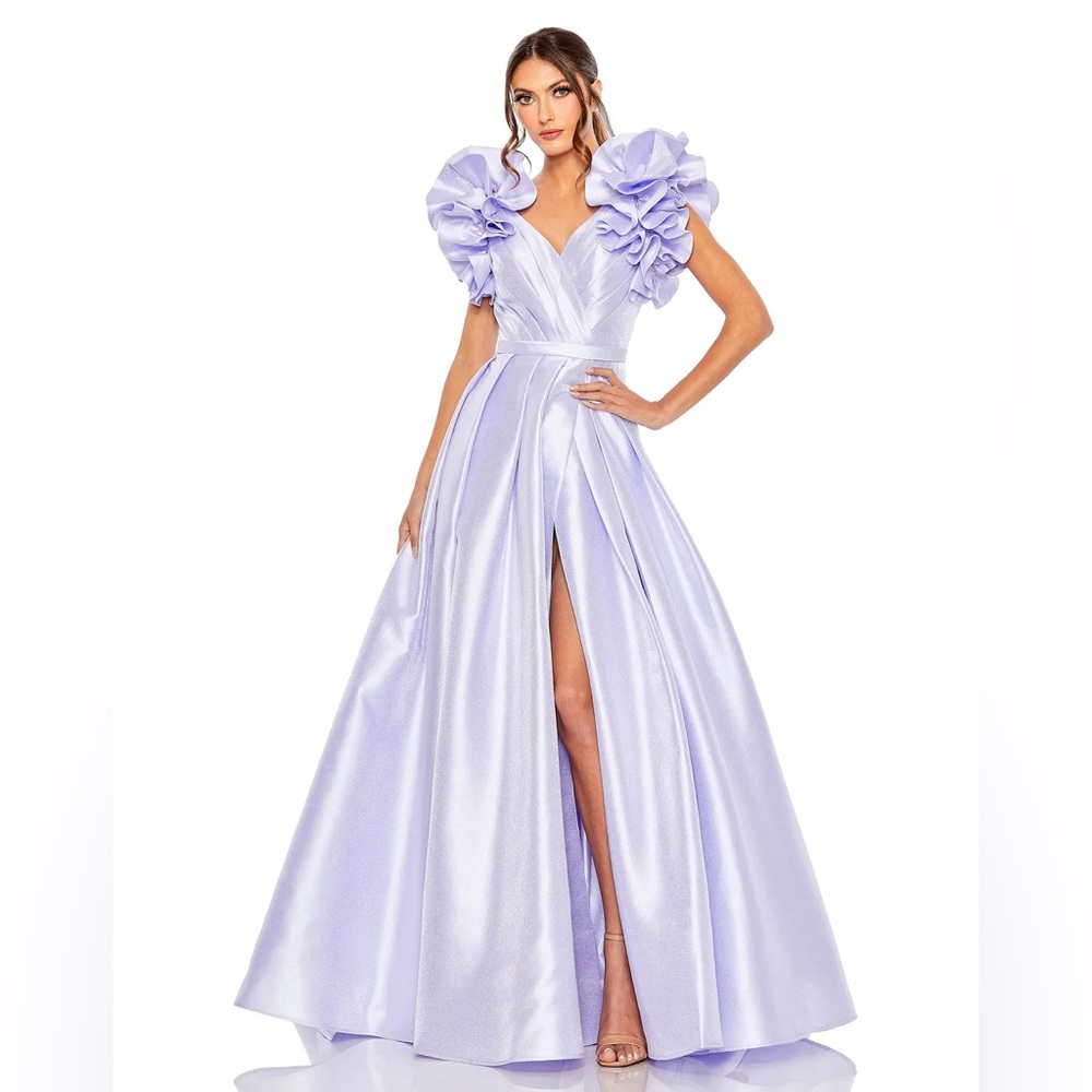 Mac Duggal Periwinkle Lilac Ruffle Sleeve Ballgown